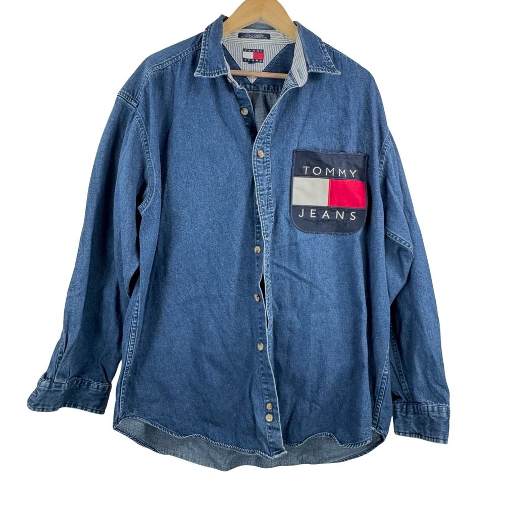 VTG Tommy Hilfiger Denim Shirt‎ Mens sz Large Blue Flag grunge 90s relaxed sz L